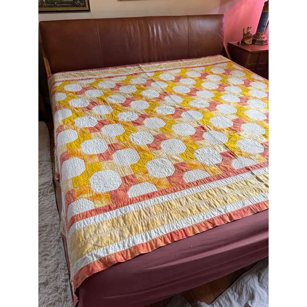 Handmade Monterrey Medallion Quilt 96x75 Yellow Peach Cotton Patchwork Blanket